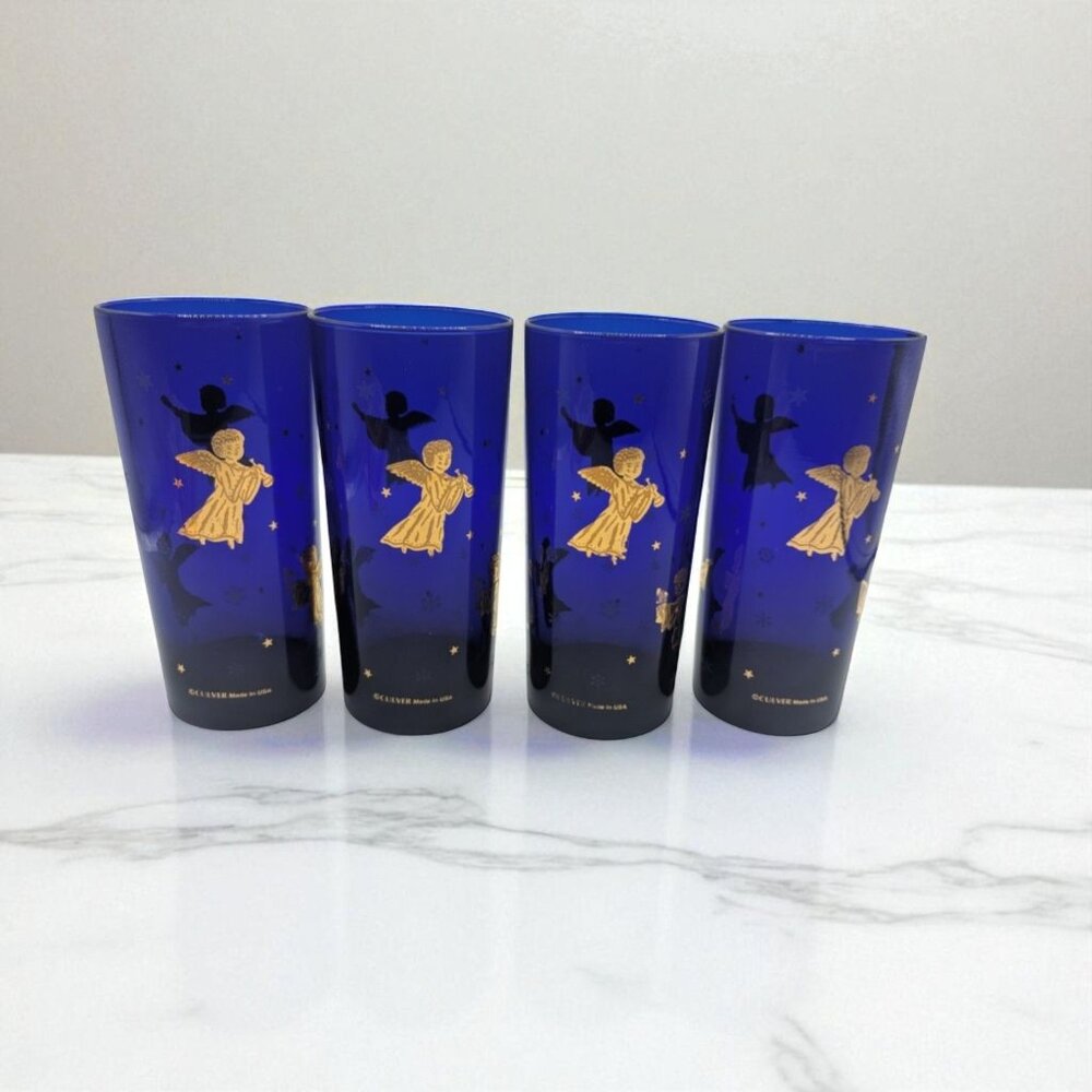 VTG Set 4 Cobalt Blue Cherub Culver Drinking Glass Tom Collins Barware 22K Gold